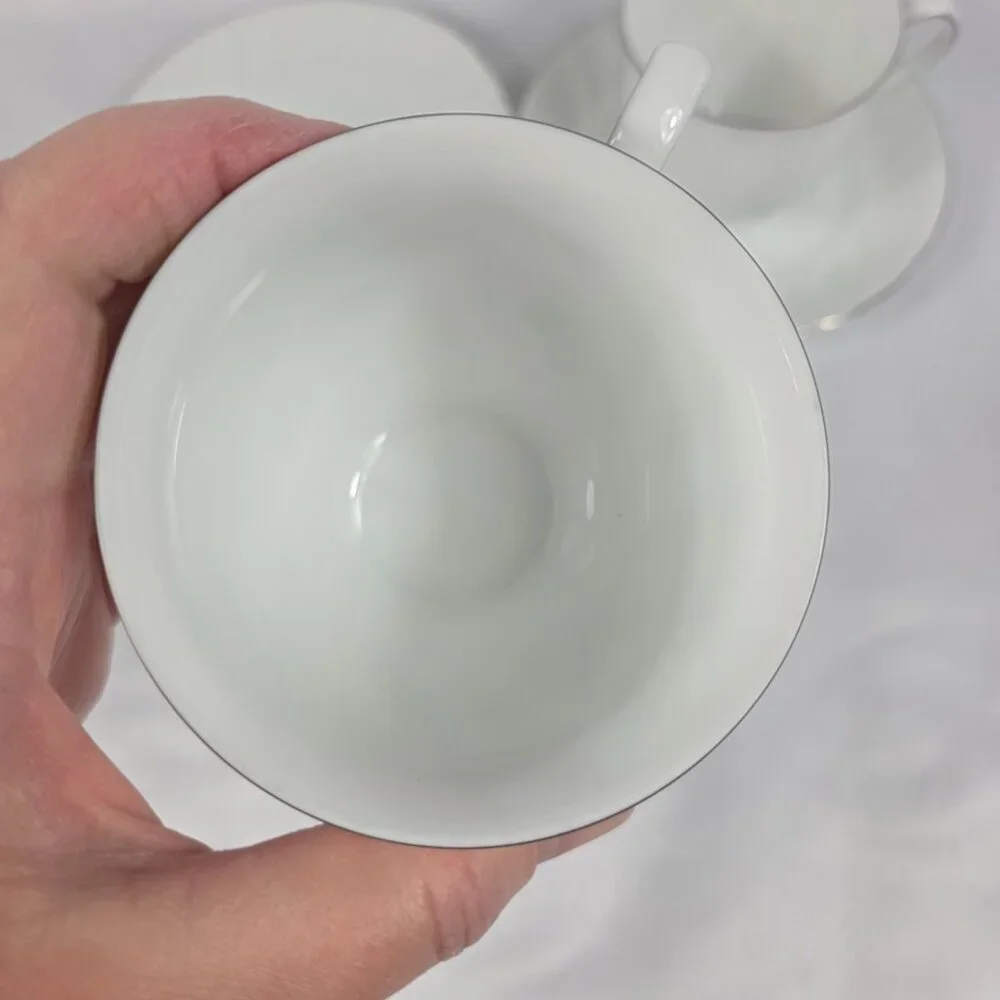 TWO (2) Mikasa Wedding Band Platinum Cup & Saucer Sets White Swirl Platinum Trim